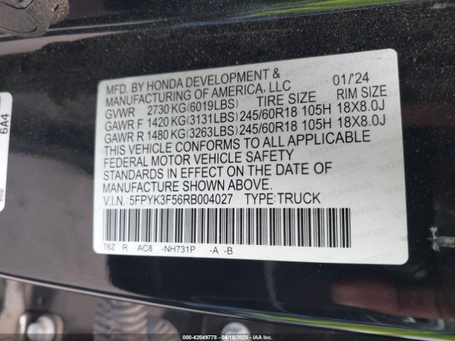 5FPYK3F56RB004027 Honda Ridgeline Rtl