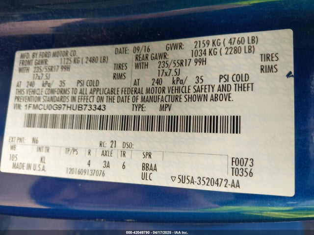 1FMCU0G97HUB73343 Ford ESCAPE SE