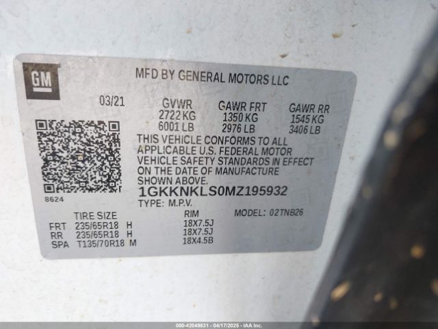 1GKKNKLS0MZ195932 GMC Acadia Fwd Sle