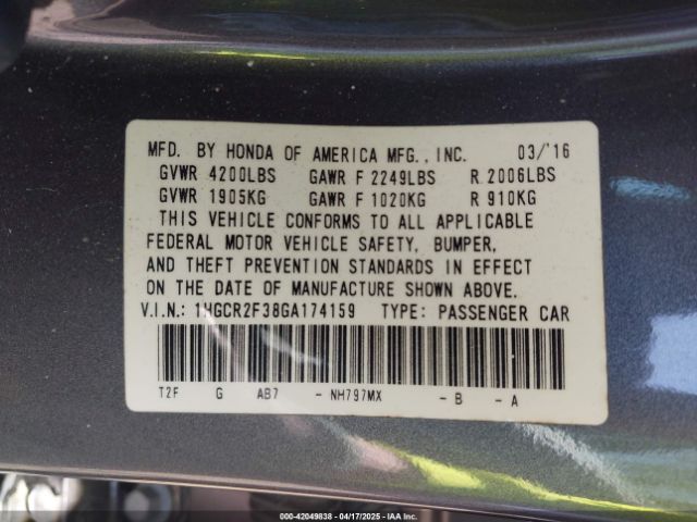 1HGCR2F38GA174159 Honda k24w1