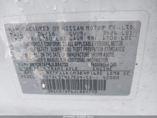 3N1CN7AP6JL884732 Nissan Versa 1.6 Sv