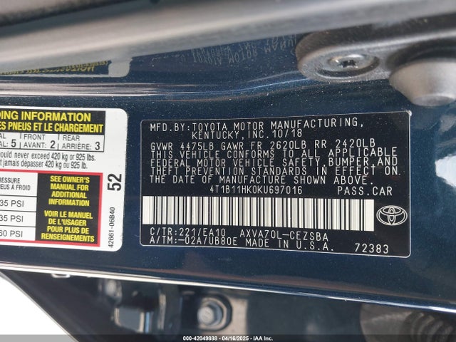 4T1B11HK0KU697016 Toyota CAMRY SE
