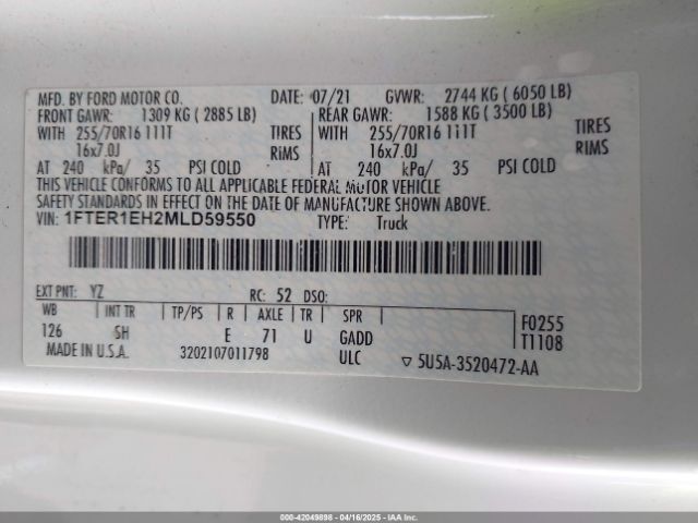 1FTER1EH2MLD59550 Ford RANGER XL