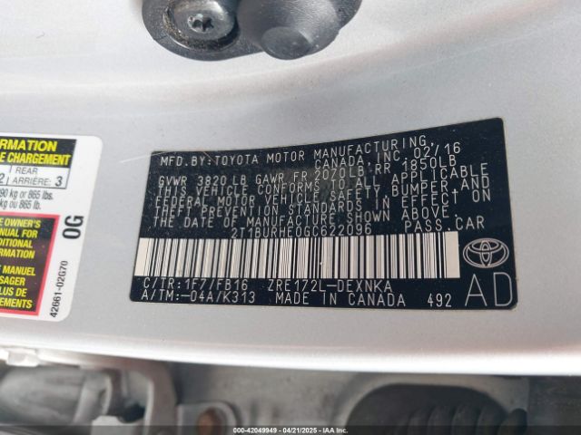 2T1BURHE0GC622096 Toyota Corolla Le Plus