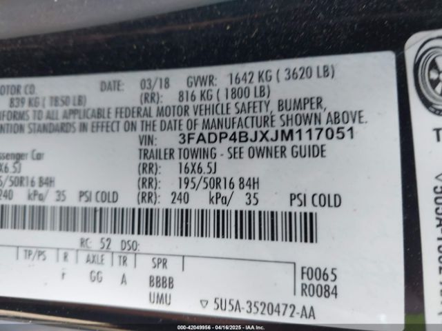 3FADP4BJXJM117051 Ford FIESTA SE
