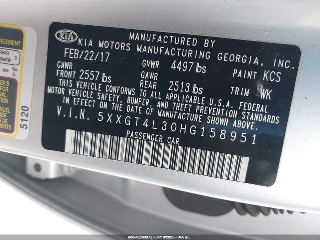 5XXGT4L30HG158951 KIA Optima Lx