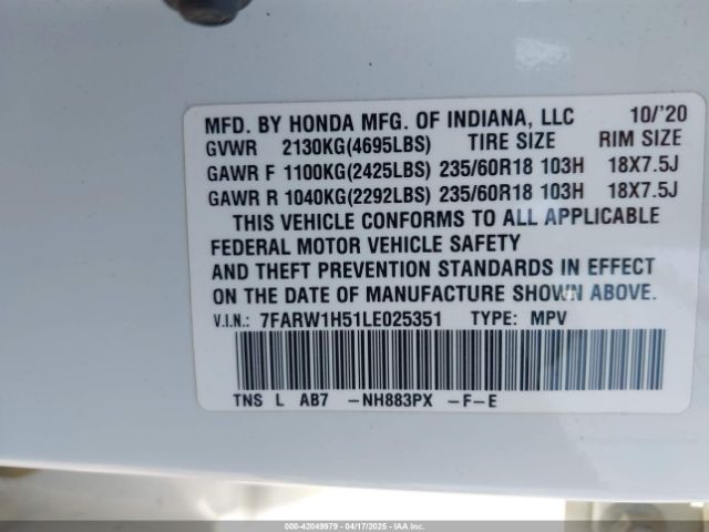 7FARW1H51LE025351 Honda Cr-v 2wd Ex
