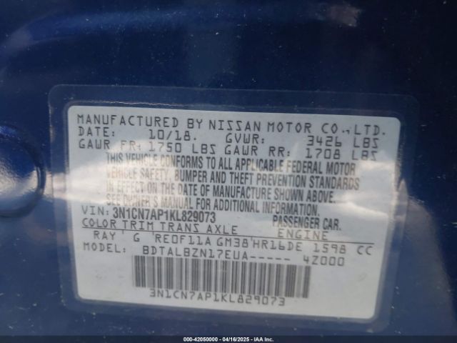 2019 NISSAN VERSA 3N1CN7AP1KL829073 Photo 8