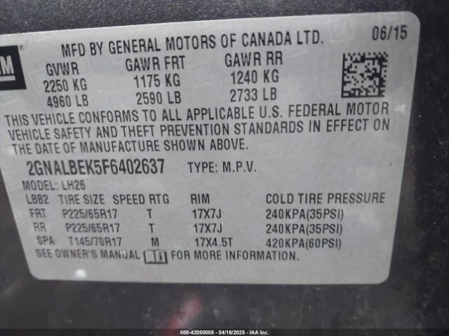 2GNALBEK5F6402637 Chevrolet EQUINOX 1LT