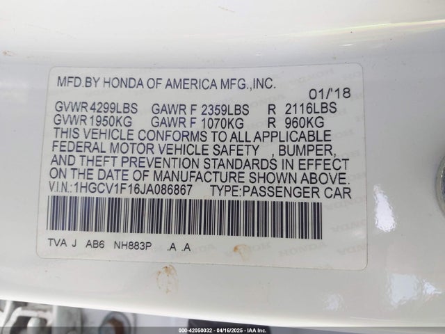 1HGCV1F16JA086867 Honda ACCORD LX