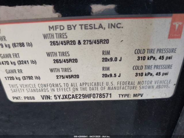 5YJXCAE29HF078571 Tesla Model X 100d/75d/90d