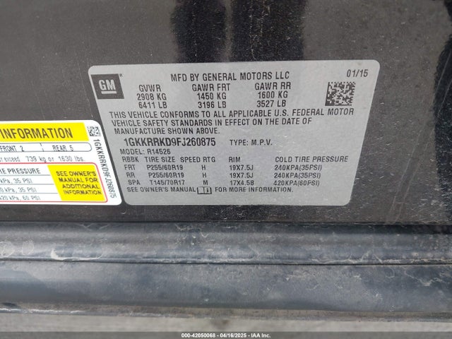 1GKKRRKD9FJ260875 GMC Acadia Slt-1