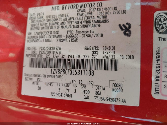 1ZVBP8CF3E5311108 Ford Mustang Gt Premium