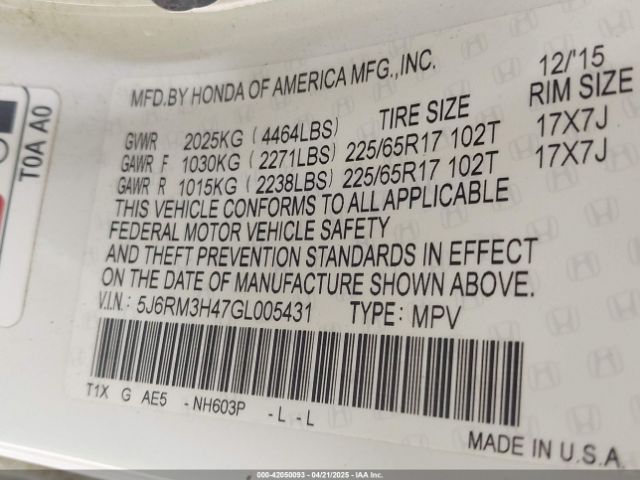 5J6RM3H47GL005431 Honda CR-V SE
