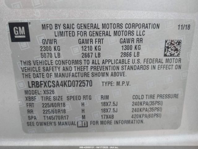LRBFXCSA4KD072570 Buick Envision Fwd Essence