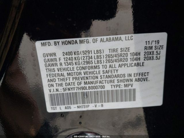 5FNYF7H90LB000700 Honda Passport 2wd Touring