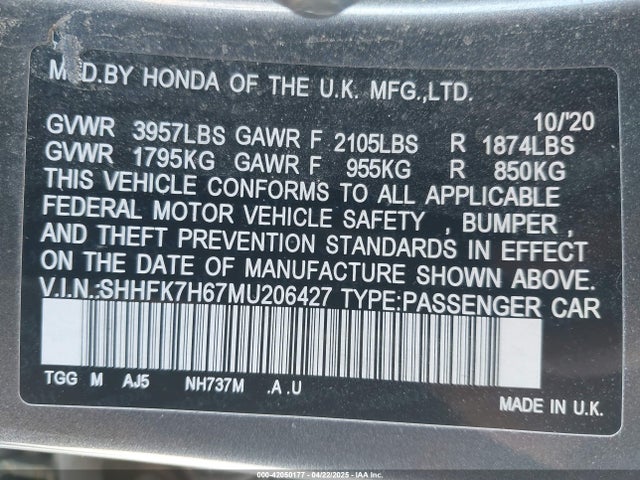 SHHFK7H67MU206427 Honda l15ba