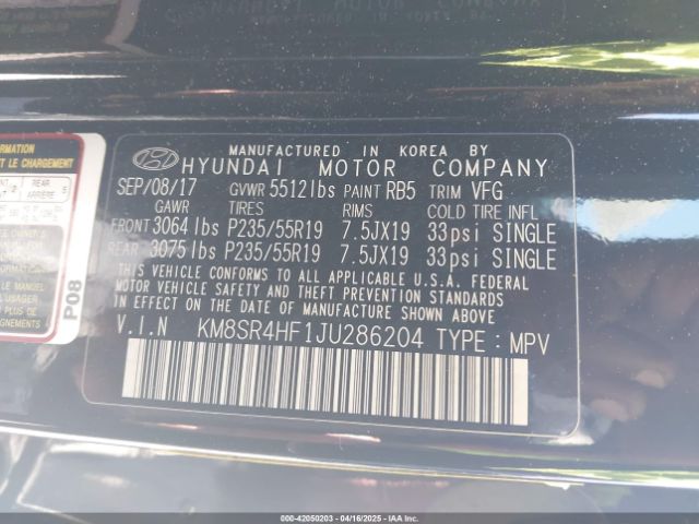 KM8SR4HF1JU286204 Hyundai Santa Fe Se Ultimate