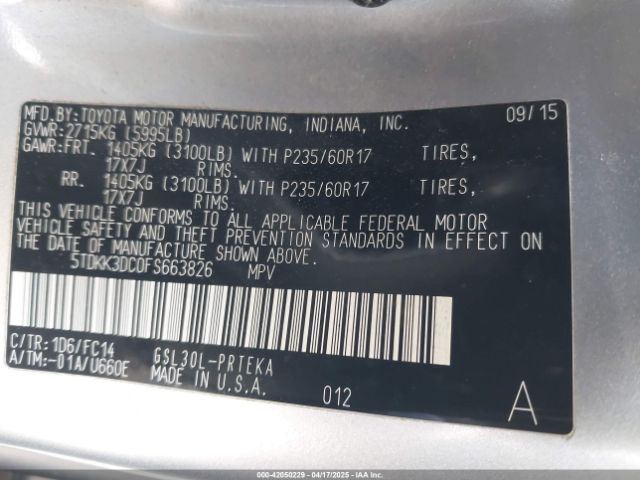 5TDKK3DC0FS663826 Toyota Sienna Le 8 Passenger