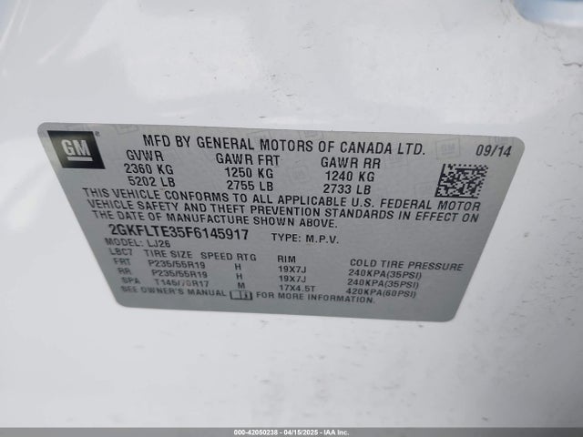 GMC Terrain Slt-2 2015 2GKFLTE35F6145917 Image 9