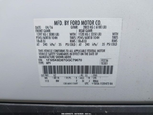 1FM5K8D87GGC79670 Ford EXPLORER XLT