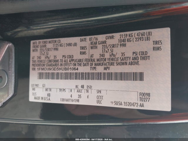 1FMCU9GD5HUB01064 Ford ESCAPE SE