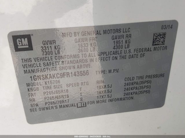 1GNSKAKC9FR143556 Chevrolet Tahoe Ls