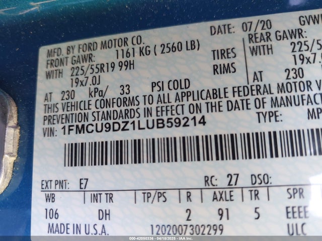 1FMCU9DZ1LUB59214 Ford Escape Titanium Hybrid