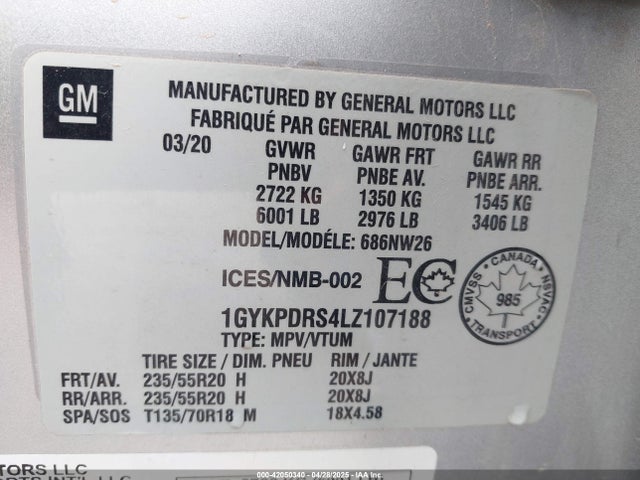 1GYKPDRS4LZ107188 Cadillac lgx, vvt, alum, gen 2