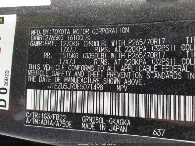 JTEZU5JR0E5071498 Toyota 4RUNNER SR5