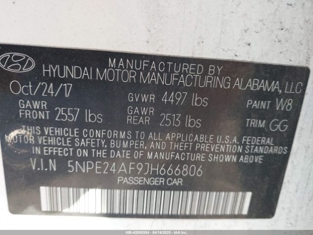 5NPE24AF9JH666806 Hyundai SONATA SE