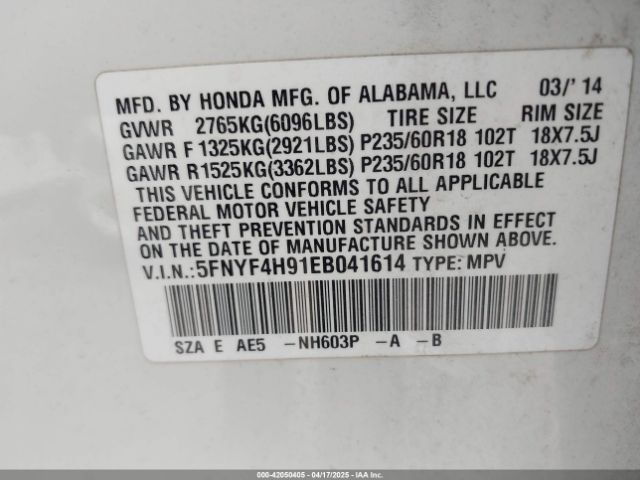 5FNYF4H91EB041614 Honda Pilot Touring