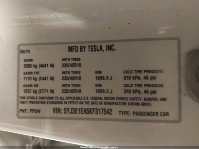 5YJ3E1EA5KF317542 Tesla Model 3 Long Range/mid Range/standard Range/standard Range Plus