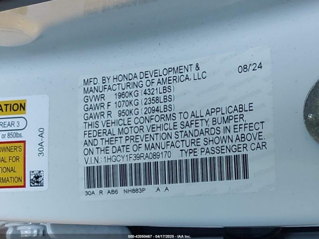 1HGCY1F39RA089170 Honda ACCORD EX
