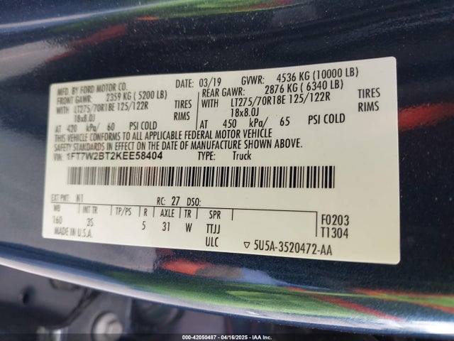 1FT7W2BT2KEE58404 Ford F-250 Xlt