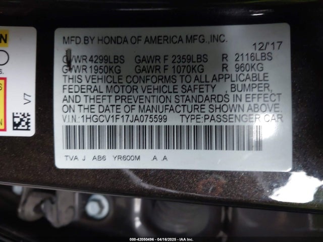 1HGCV1F17JA075599 Honda ACCORD LX