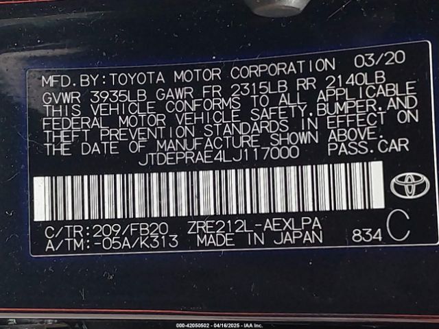 JTDEPRAE4LJ117000 Toyota COROLLA LE