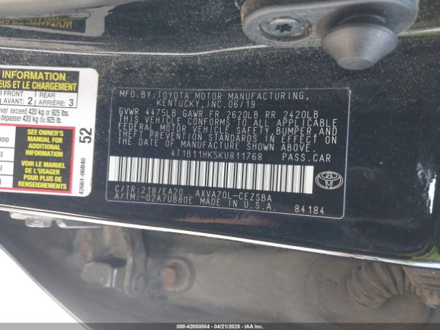 4T1B11HK5KU811768 Toyota CAMRY SE