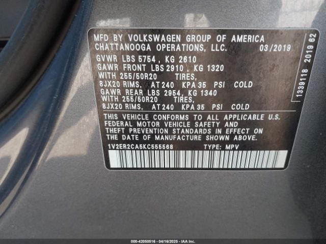 1V2ER2CA5KC555568 Volkswagen Atlas 3.6l V6 Sel