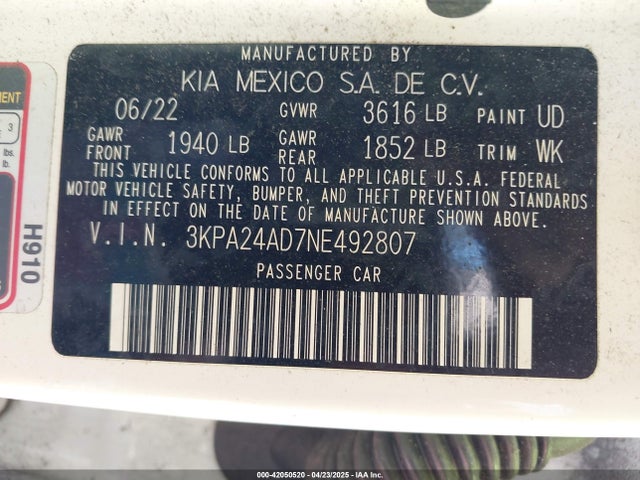 3KPA24AD7NE492807 KIA RIO LX
