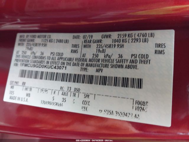 1FMCU9GD0KUC43071 Ford ESCAPE SE