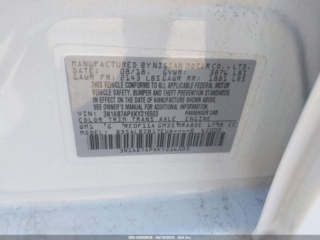 3N1AB7APXKY216503 Nissan 2019