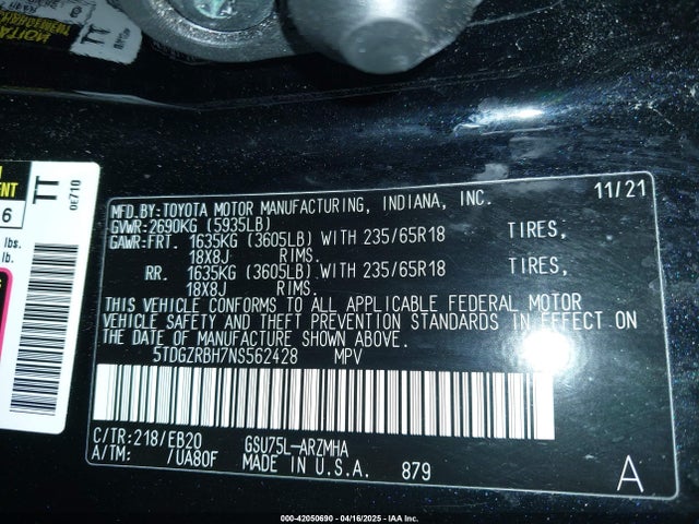 5TDGZRBH7NS562428 Toyota Highlander Xle