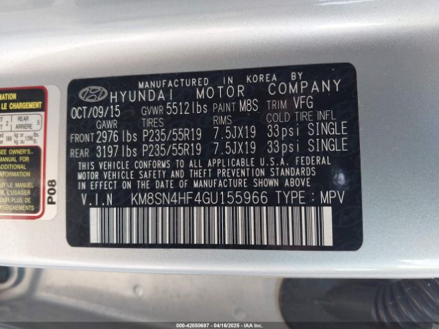 KM8SN4HF4GU155966 Hyundai Santa Fe Se