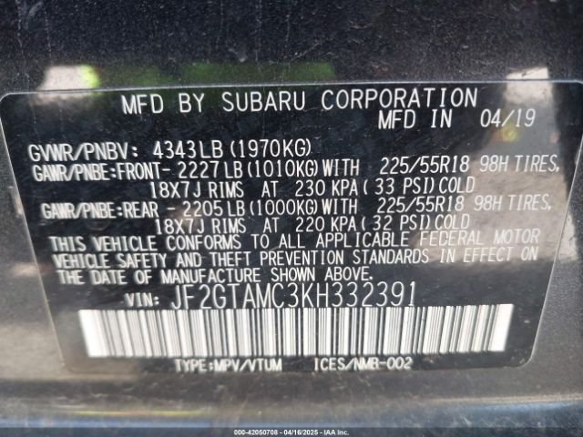 JF2GTAMC3KH332391 Subaru Crosstrek 2.0i Limited