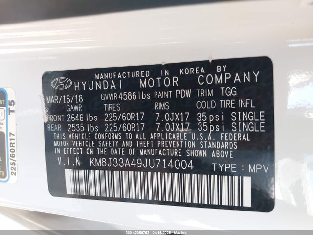 KM8J33A49JU714004 Hyundai TUCSON SEL