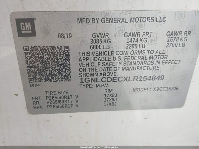 1GNLCDECXLR154849 Chevrolet l83 - spark ignited direct injection, variable valve timing, afm, e85 max, alum