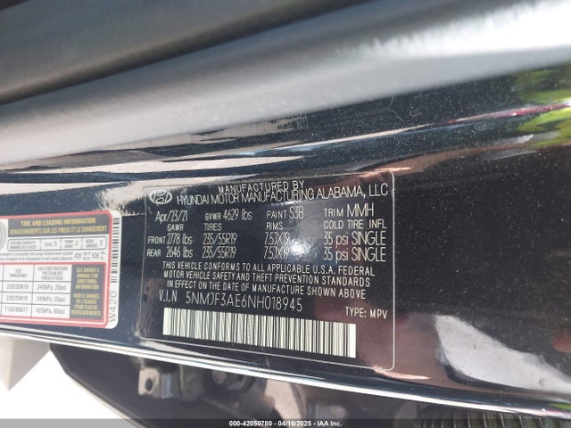 5NMJF3AE6NH018945 Hyundai TUCSON SEL