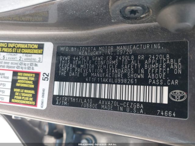 4T1F11AKXLU998261 Toyota CAMRY XLE