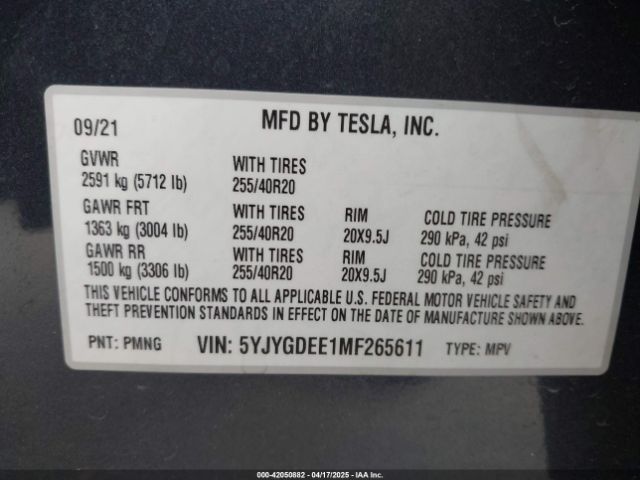 5YJYGDEE1MF265611 Tesla Model Y Long Range Dual Motor All-wheel Drive